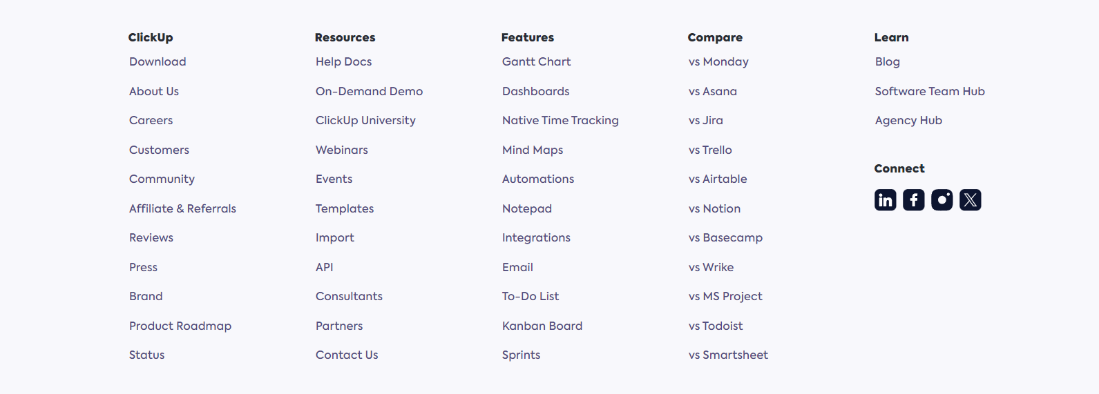 ClickUp's large list of comparison pages