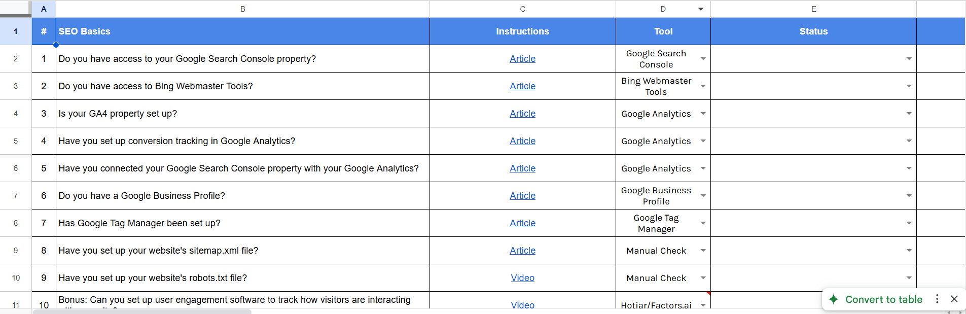 Example of my SaaS SEO Audit Checklist